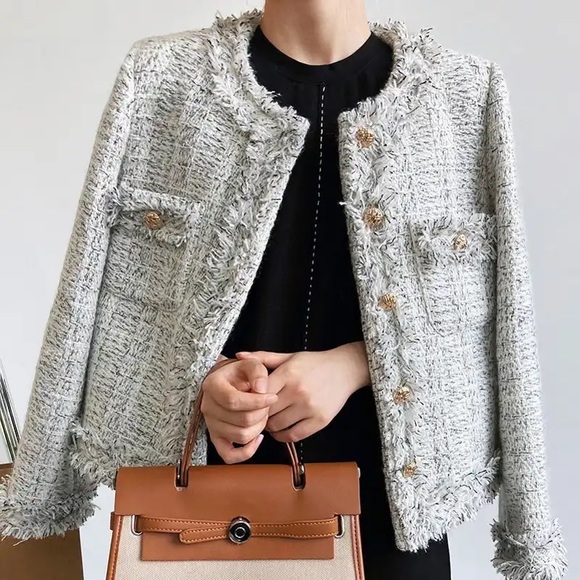 Fashionista Oversized Tweed Jacket - Black White & Gray - Gold Button